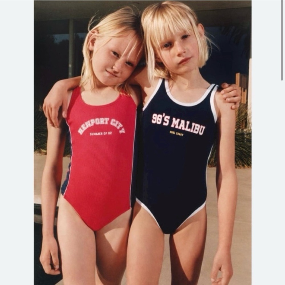 NWT ZARA Girls Ribbed Knit Retro One piece Swimsuit Bright Red Navy sz 6 - 7